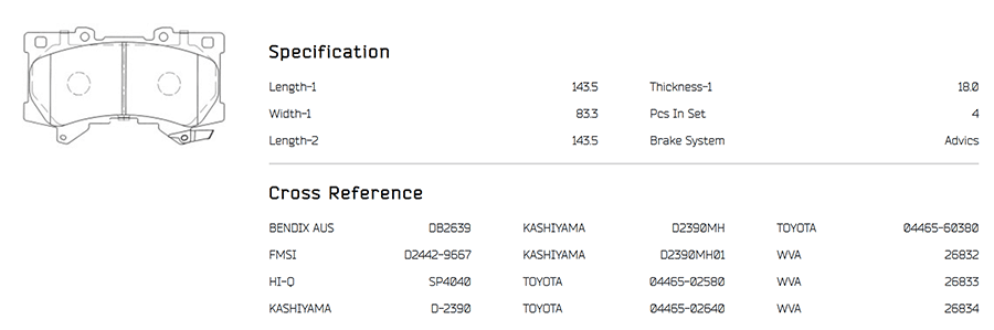 brake pad dimensions specifications