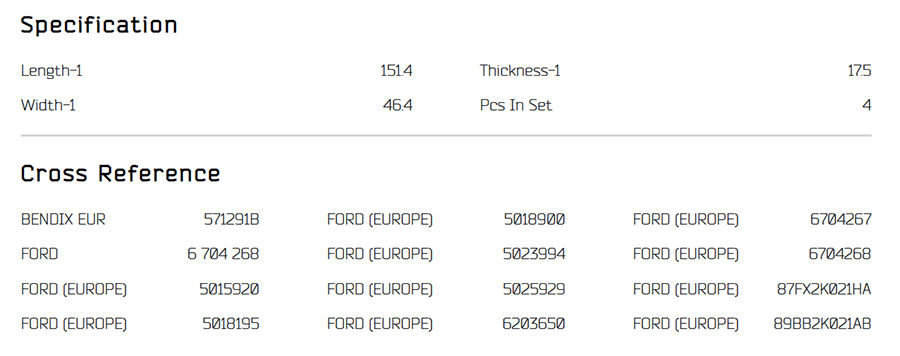 brake pad dimensions specifications