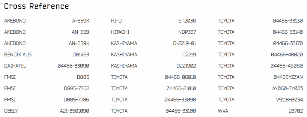 ceramic brake pads cross reference compatibility