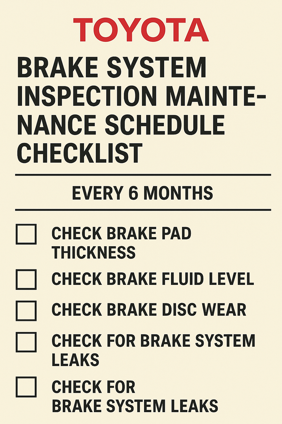 toyota brake system inspection maintenance schedule checklist every 6 months